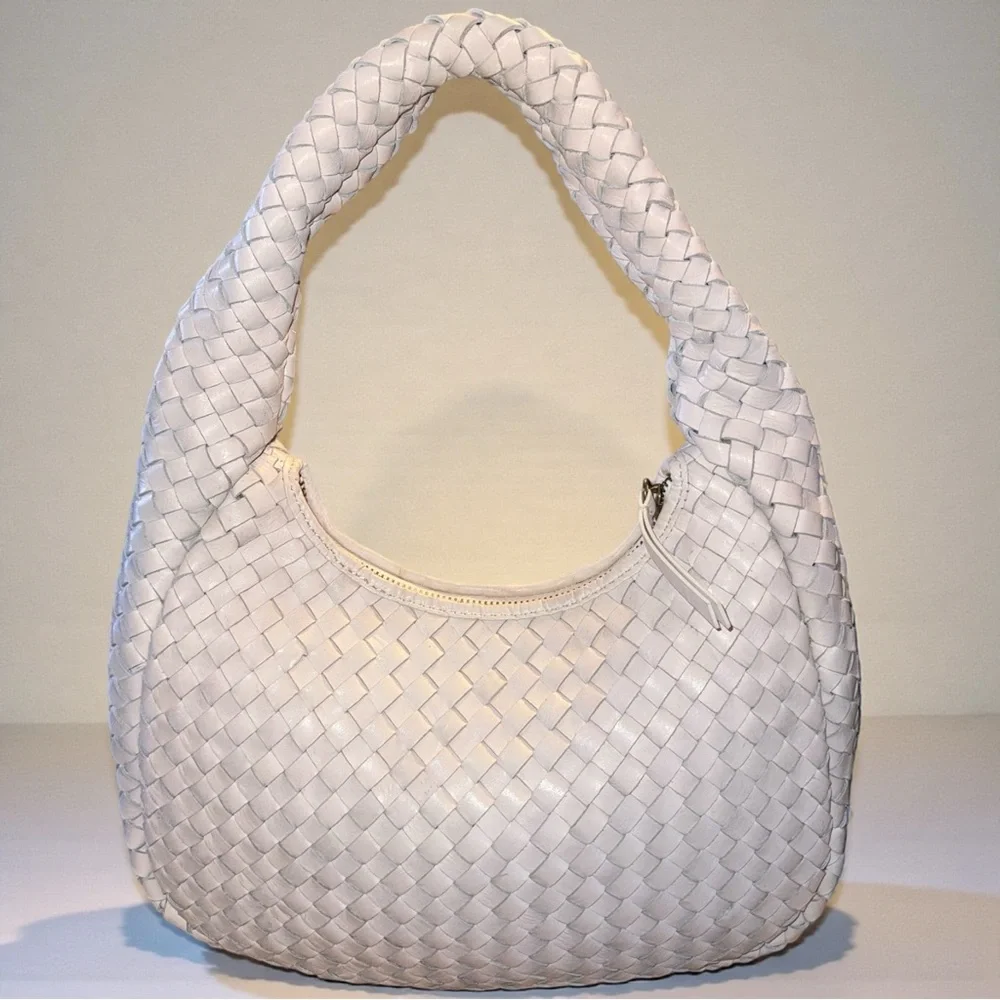 Woven Genuine Soft Braided Leather Luxury Hobo Bag Ivory Cream Shoulder Purse